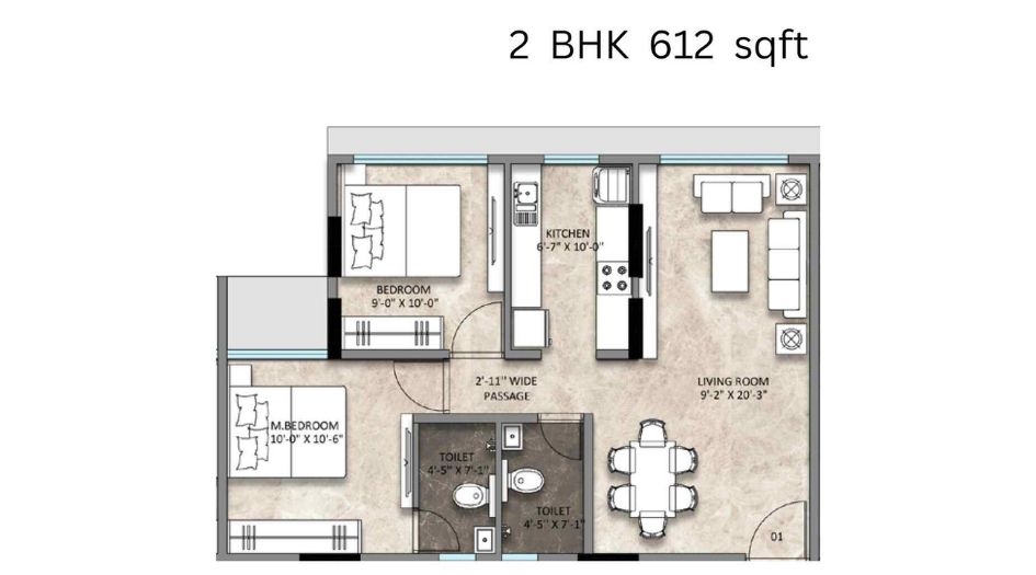 Sanghvi-Aria-Floor-Plan-2 BHK-612 Sqft